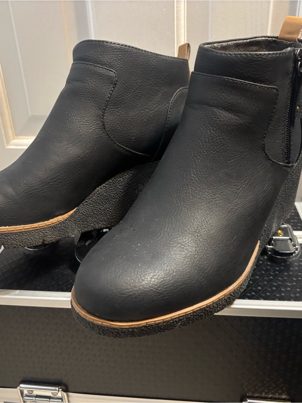 Dr. Scholl's Black Wedge Ankle Booties with Tan Trim